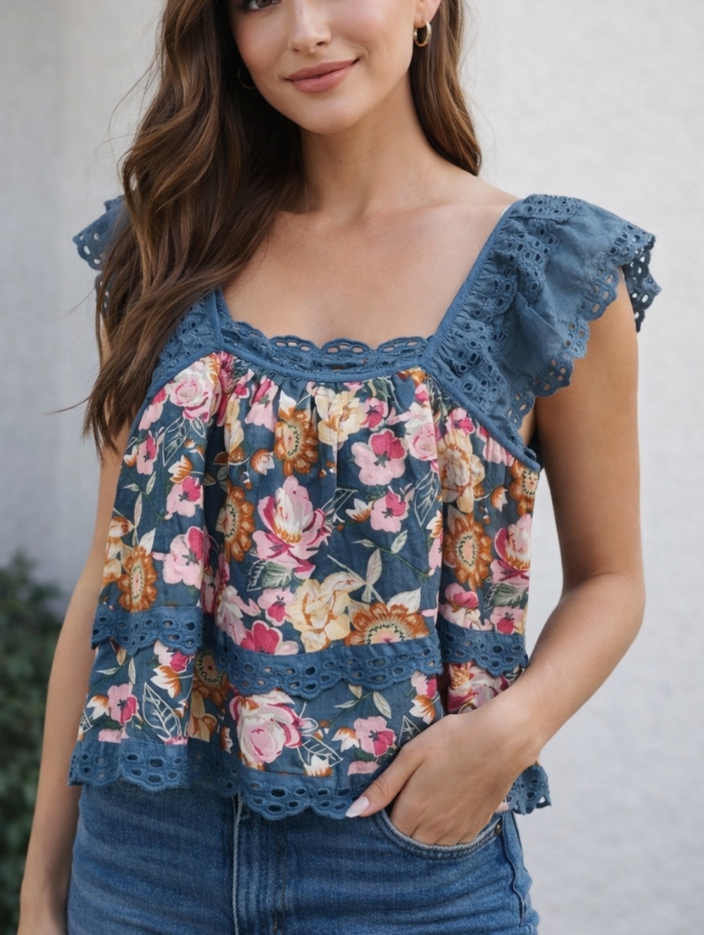 Rebellion Blue Sleeveless Ruffled Boho Blouse Eyelet Floral Size Large